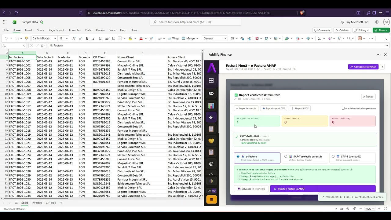 Demo Addlify Finance — generează D406 și e-Factura direct din Excel